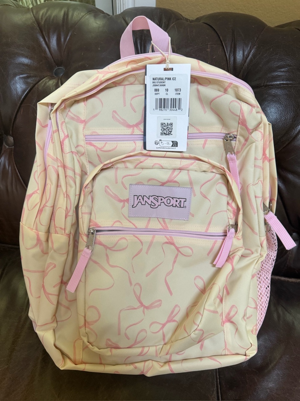 JanSport Big Student Backpack Coquette Pink Bow Print Cream 34L NWT 15" Laptop
